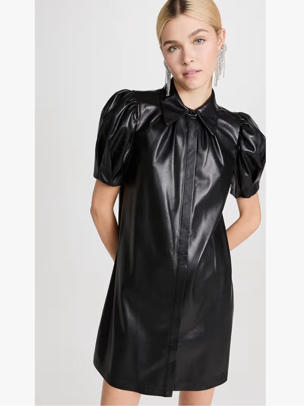 Aureum Black Faux Leather Puff Sleeve Mini Shirt Dress Size Medium